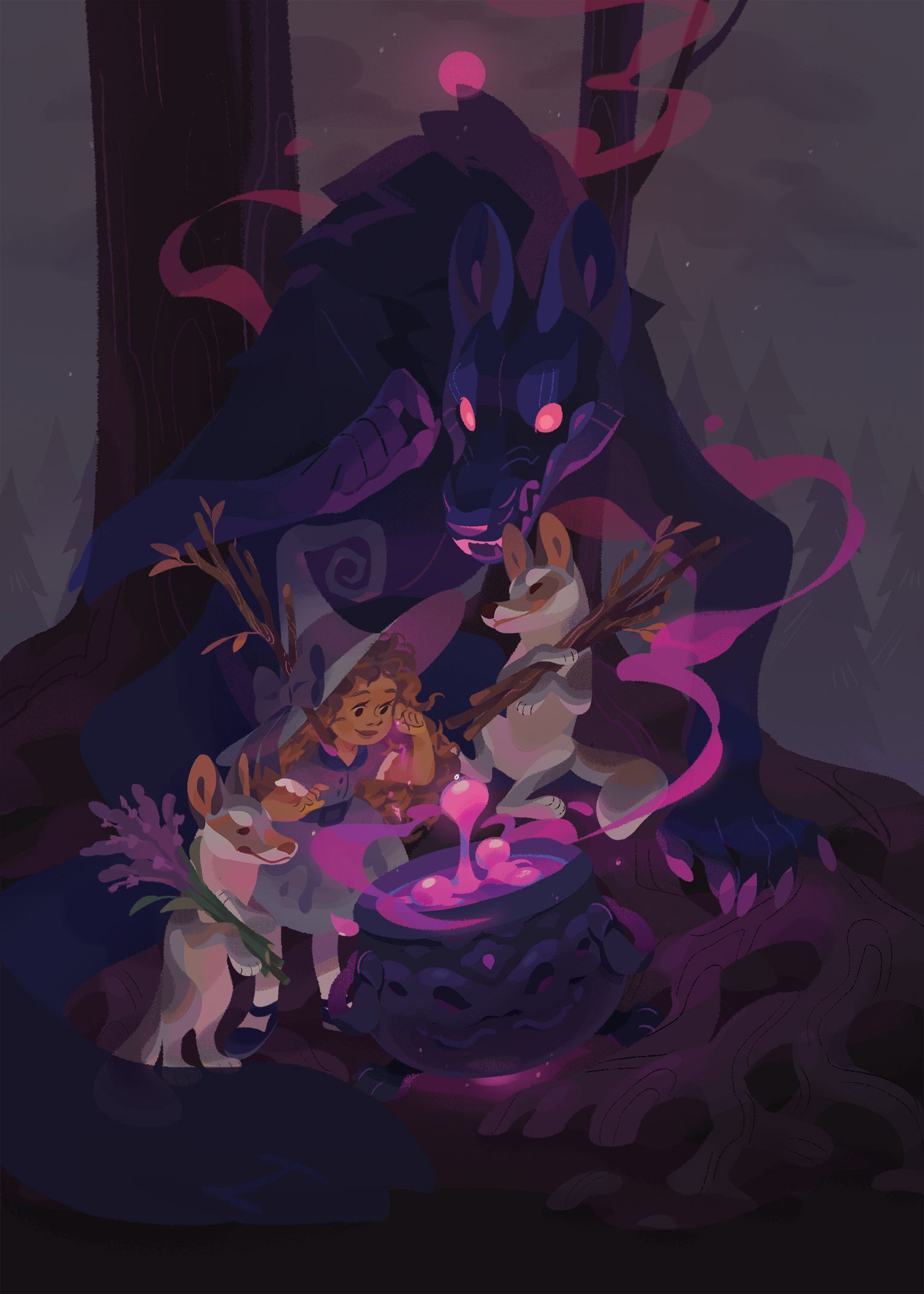A witch brews a potion in a large cauldron. The witch is surrounded by her two coyote familiars and is under the watch of large wolf demon.
