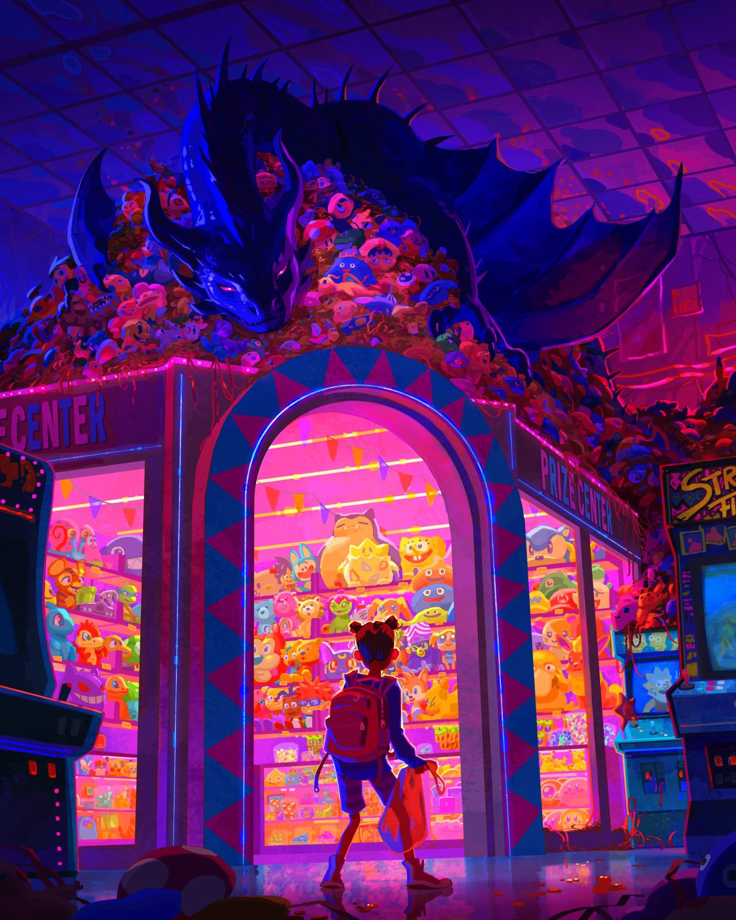 A girl creeps up on a dragon with a hoard of arcade toys