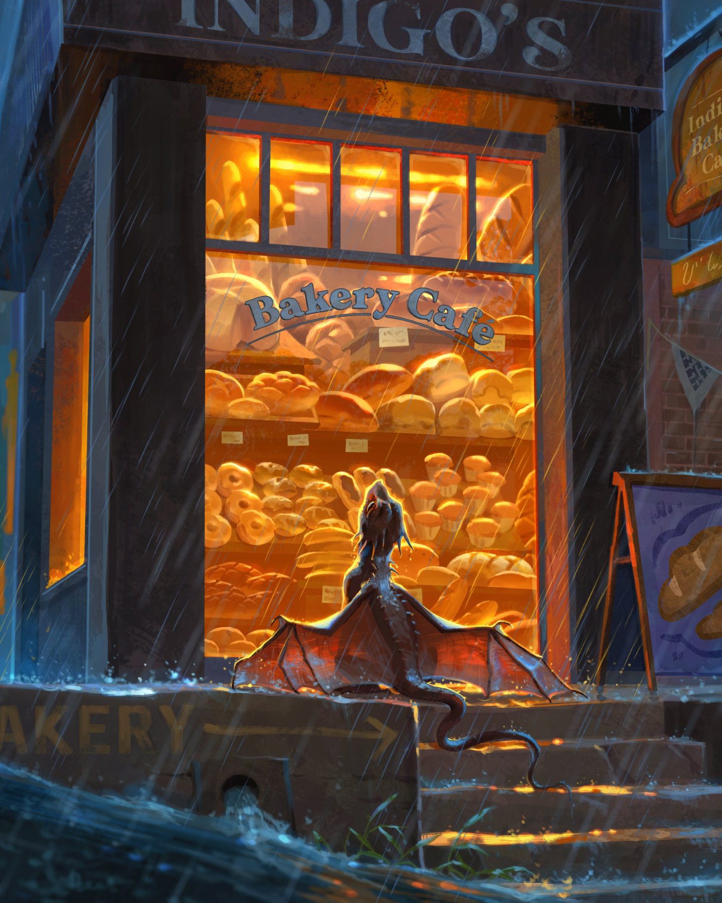 A little dragon gazes longingly at baked goods through a bakery window