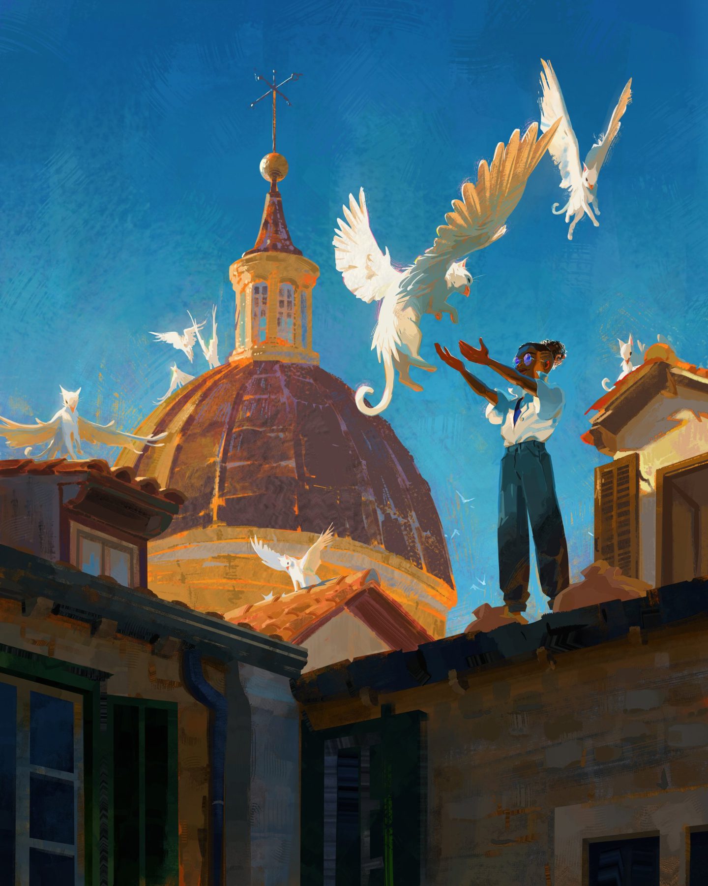 A girl feeds gryphons on the roof of a building